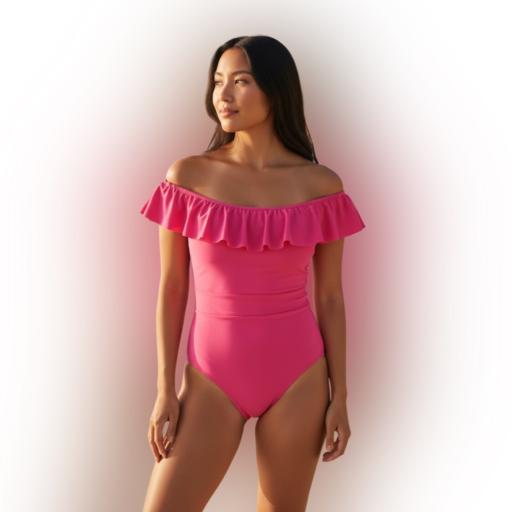 Gibson Latimer Bright Malibu Pink Ruffle Neck One-Piece Swimsuit Size Xs